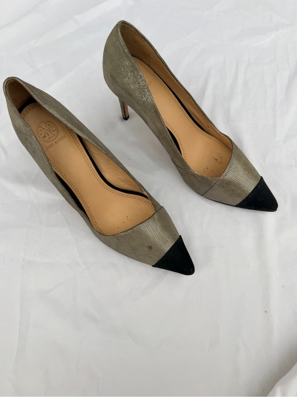 Tory Burch Metallic Taupe and Black Pointed Toe Pumps